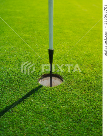 Vertical close-up of a golf hole and flag on a green grass field under bright sun. Vertical close-up of a golf hole and flag on a green grass field under bright sun. 135563702