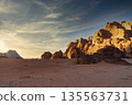 Wadi Rum desert, Jordan, The Valley of the Moon.  Landscape with rocks and mountains at sunset. 135563731