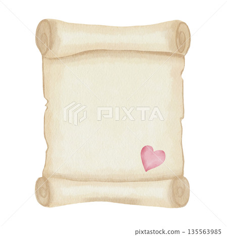 Unrolled vintage paper scroll with a pink heart, a hand-drawn watercolor illustration for love letters, Valentine's Day messages, and romantic design. Isolated on white background 135563985