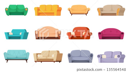 Interior soft sofa. Cartoon sofas, isolated vibrant furniture for living room, office, hotel hall, waiting area in bank. Apartment couches, sapid vector set 135564548