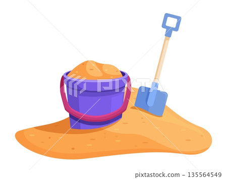 Beach bucket. Children play with sand equipment, toy shovel and plastic container. Outdoor kids activity in sandbox, vacations, sapid vector concept 135564549