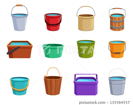 Cartoon buckets. Plastic wooden metal bucket for water. Gardening, household equipment. Watering and washing tools, trash containers, sapid vector set 135564557