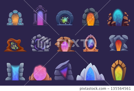 Cartoon magic gates. Futuristic entrances with shining plasma, glowing portals in stone frames and arches. Different computer game elements, sapid vector set Cartoon magic gates. Futuristic entrances with shining plasma, glowing portals in stone frames and arches. Different computer game elements, sapid vector set 135564561