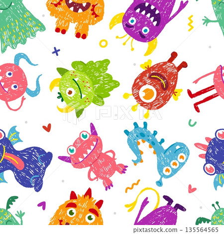 Pencil monster seamless pattern. Crayon drawing monsters and aliens, colorful fantasy unusual characters. Print template for fabric, textile, neoteric vector background Pencil monster seamless pattern. Crayon drawing monsters and aliens, colorful fantasy unusual characters. Print template for fabric, textile, neoteric vector background 135564565
