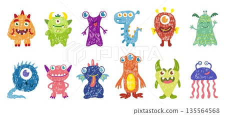 Pencil drawing monster. Funny crayon monsters, children drawn aliens. Bright fantasy characters with eyes, wings, liquid body, neoteric hand drawn vector set Pencil drawing monster. Funny crayon monsters, children drawn aliens. Bright fantasy characters with eyes, wings, liquid body, neoteric hand drawn vector set 135564568