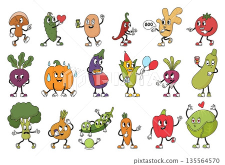 Vegetables retro characters. Groovy vegetable with sussy smile. Corn, ginger, bell pepper, carrot and cabbage. Funky cucumber, angry beet, neoteric vector set 135564570