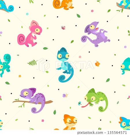 Chameleon seamless pattern. Crazy chameleons characters different poses, colorful cartoon salamanders or lizards. Bright print for textile, nowaday vector background 135564571