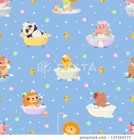 Animal bath seamless pattern. Funny animals with bubbles, washing time. Cute capybara, hippo, duck, sloth and panda. Fabric print template, nowaday vector background Animal bath seamless pattern. Funny animals with bubbles, washing time. Cute capybara, hippo, duck, sloth and panda. Fabric print template, nowaday vector background 135564573