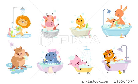 Animal taking bath. Funny leo pig hippo tiger duck in bathtub. Mommy wash child kangaroo. Cute animals for children stickers, prints, banners, nowaday vector set Animal taking bath. Funny leo pig hippo tiger duck in bathtub. Mommy wash child kangaroo. Cute animals for children stickers, prints, banners, nowaday vector set 135564574
