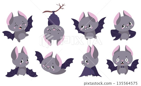 Funny bats. Cartoon bat different poses, sleeping, flying, scared. Wild forest emotional characters, childish mascots. Funny animals nowaday vector clipart Funny bats. Cartoon bat different poses, sleeping, flying, scared. Wild forest emotional characters, childish mascots. Funny animals nowaday vector clipart 135564575