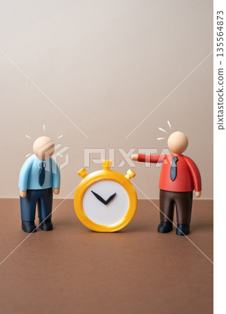 The boss scolds his subordinate for being late. Sending into retirement. Workplace conflict concept, authority pressure and career ending decision. Age bias, dismissal risks and labor ethics. 135564873