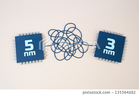 The transition from 5nm to 3nm process technology for computer microchips. Semiconductor innovation concept, higher transistor density and efficiency. Performance growth, energy savings The transition from 5nm to 3nm process technology for computer microchips. Semiconductor innovation concept, higher transistor density and efficiency. Performance growth, energy savings 135564882