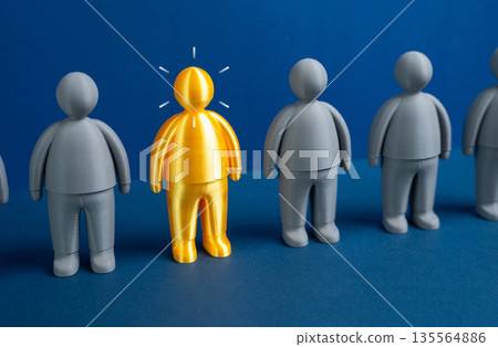 A golden figurine of a man among gray ones. A talented worker and a find for an employer. A promising candidate. Talent identification concept, competitive advantage in hiring 135564886