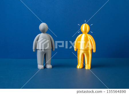 The best version of yourself. The pursuit of idealism and perfection. Gray and golden figures of people. Self improvement concept, personal growth and aspiration toward excellence. The best version of yourself. The pursuit of idealism and perfection. Gray and golden figures of people. Self improvement concept, personal growth and aspiration toward excellence. 135564890