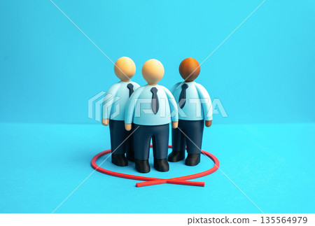 A group of office workers is circled in red. Statistics and surveys. Recruitment. Target sample concept, data driven hiring and workforce analysis. Selection focus and talent identification. 135564979