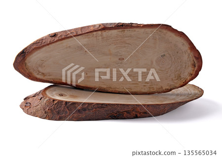 A podium for advertising a product made of two wood cuts isolated on a white background. 135565034