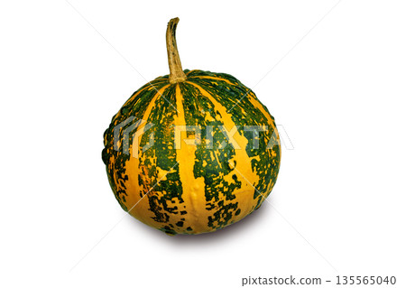 striped yellow and green pumpkin isolated on white. 135565040