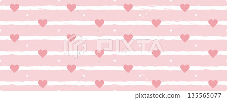 Girly background with striped pattern. Elegant baby doodle with pink hearts. Seamless nursery wallpaper or textile design. Happy Valentines day. Vector illustration 135565077