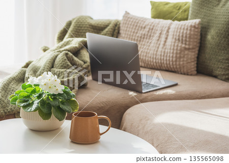 Laptop, Coffee Mug and Flower Pot on Table. Cozy Spring Home Workspace 135565098