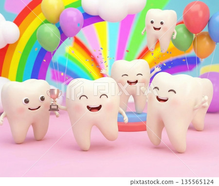 In a colorful scene cartoon teeth characters celebrate good dental health. Balloons float in the air as some teeth hold a trophy. A rainbow shines in the background. 135565124