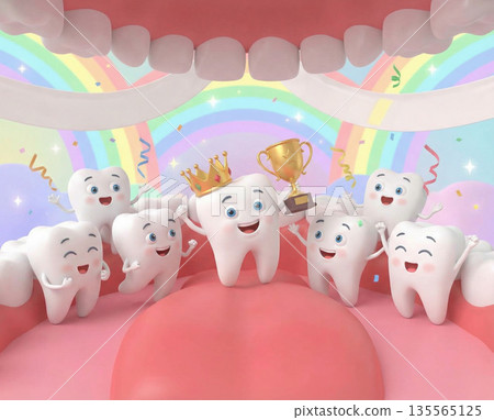 Cartoon teeth characters gather together in a large mouth. One tooth holds a trophy while others cheer. The setting features bright colors and a rainbow background. Cartoon teeth characters gather together in a large mouth. One tooth holds a trophy while others cheer. The setting features bright colors and a rainbow background. 135565125