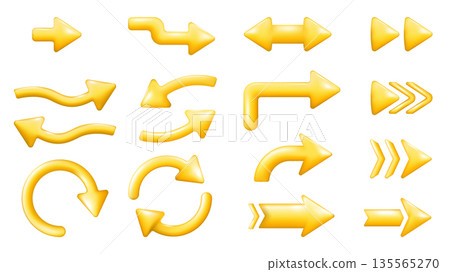 Arrows concept of 3D illustration set for modern web design. Collection with shiny yellow pointers with different directions, buttons of next, download, play, turning, ascending. Vector illustration. 135565270