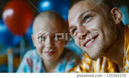 Smiling father and bald child sharing joyful moment, symbolizing family support during illness recovery 135565278