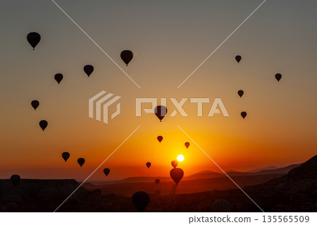 Hot air balloon flying over rocky landscape at sunrise in Cappadocia. Turkey Hot air balloon flying over rocky landscape at sunrise in Cappadocia. Turkey 135565509