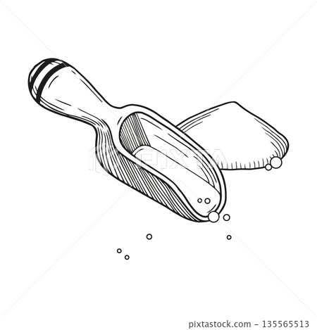Hand-drawn graphic illustration of wooden measuring spoon for spices and some spice powder, detailed kitchen utensil sketch Hand-drawn graphic illustration of wooden measuring spoon for spices and some spice powder, detailed kitchen utensil sketch 135565513