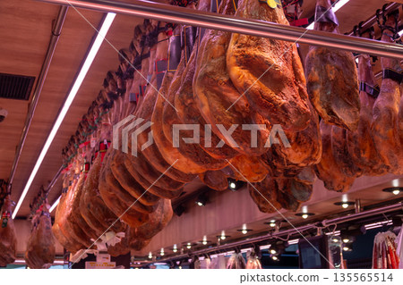 Traditional hamon shop in Central Market of Barcelona, traditional food 135565514