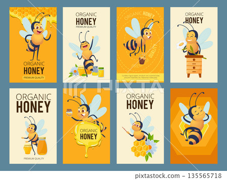 Honey cards. bees characters in cartoon style on banners for print design Honey cards. bees characters in cartoon style on banners for print design 135565718