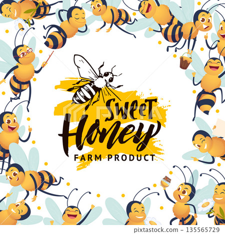 Honey bees. background template in circle form with bees in cartoon style 135565729