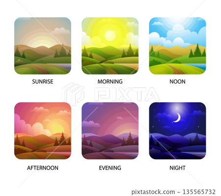 Day parts. different daily time outdoor environment. vector templates Day parts. different daily time outdoor environment. vector templates 135565732