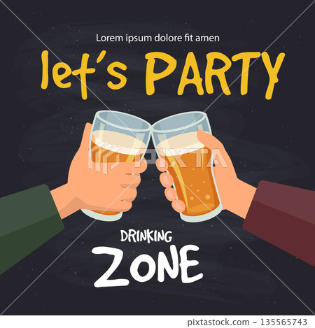Brewery placard. alcohol party invitations. hands holding beer glasses 135565743