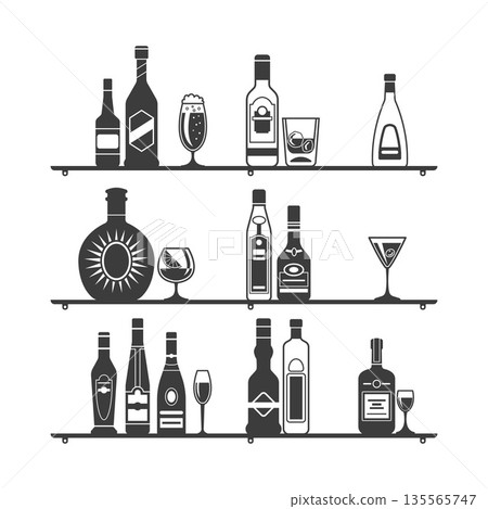 Bottles on shelves. alcoholic drinks in different bottles standing on bar shelves Bottles on shelves. alcoholic drinks in different bottles standing on bar shelves 135565747