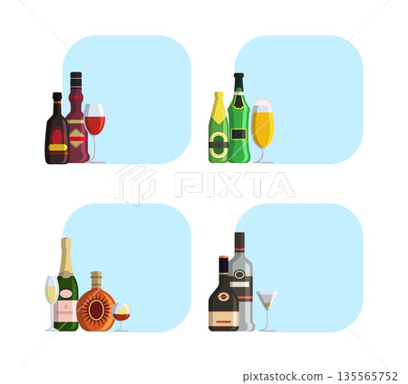 Alcoholic drinks. background with set of flat illustrations bottles and place for text Alcoholic drinks. background with set of flat illustrations bottles and place for text 135565752