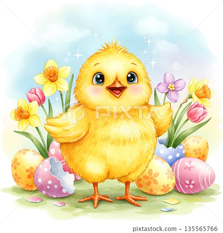 Illustration of a fluffy yellow chick with large, bright eyes surrounded with colorful Easter eggs and vibrant spring flowers Illustration of a fluffy yellow chick with large, bright eyes surrounded with colorful Easter eggs and vibrant spring flowers 135565766