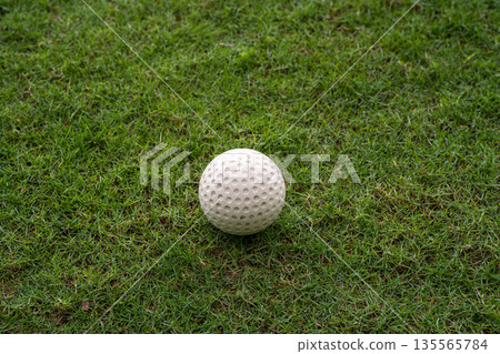 A white golf ball lies on a green lawn 135565784