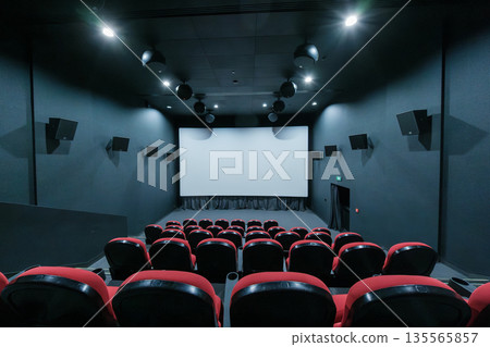 Modern cinema auditorium with blank screen red seats and dim blue walls awaiting film screening Modern cinema auditorium with blank screen red seats and dim blue walls awaiting film screening 135565857