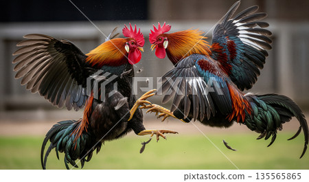 Two roosters engage in a high speed fight, jumping and flapping their wings in an arena. Colorful feathers fill the air as they battle, showcasing their energy and strength. 135565865