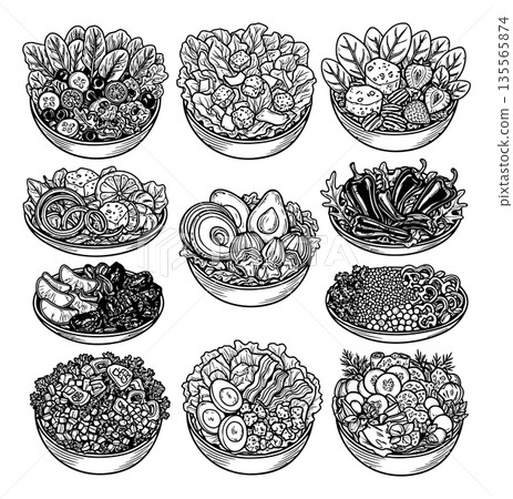 Hand drawn line art salad bowls set featuring various fresh ingredients for healthy eating 135565874