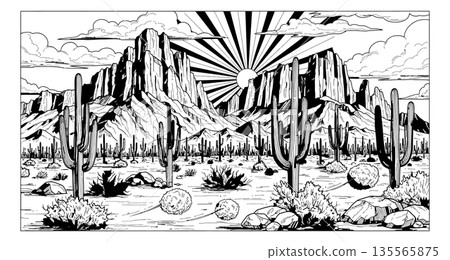 Hand drawn line art illustration of a desert landscape depicting saguaro cacti and mountains under a sunburst for a wilderness scene 135565875