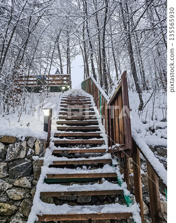 Wooden Snowy Staircase Leading Up to A-Frame Cabins in Winter Forest Wooden Snowy Staircase Leading Up to A-Frame Cabins in Winter Forest 135565930