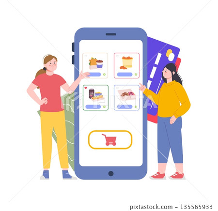 Young girls order fast food online. Restaurant cafe online smartphone app. Coffee, donuts, burgers, sandwiches, fried chicken wings. Delivery meals vector scene Young girls order fast food online. Restaurant cafe online smartphone app. Coffee, donuts, burgers, sandwiches, fried chicken wings. Delivery meals vector scene 135565933