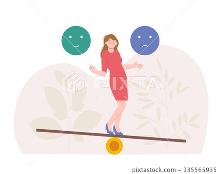 Woman balancing on thin desk. Mood balance, positive and negative moods. Happy or unhappy, choose your feels. Office female worker, vector scene Woman balancing on thin desk. Mood balance, positive and negative moods. Happy or unhappy, choose your feels. Office female worker, vector scene 135565935
