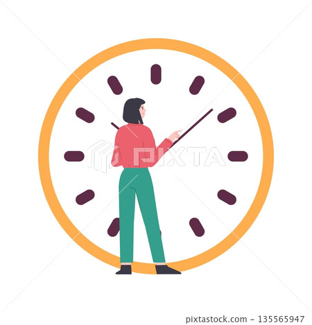 Girl changes time. Flat young woman moves hands on large clock. Time is running out, deadlines, work management. Work process speeding, vector scene Girl changes time. Flat young woman moves hands on large clock. Time is running out, deadlines, work management. Work process speeding, vector scene 135565947
