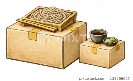Illustration of moving soba noodles (zaru soba) on moving cardboard boxes 135566005