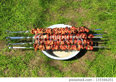 Cooked pork meat. Barbecue lunch. Appetizing shashlik on skewers on plate 135566201