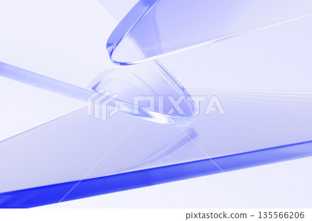 Abstract glass 3d background - crystal triangle shapes with rounded corners. Blue transparent surface with layer effect and light purple gradient. Render linear pattern, tech banner. 3D illustration 135566206