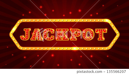 Jackpot light bulb banner. Big win casino slot machine game screen background, retro signboard style shining bulbs lamp prize winner vintage vegas letter, kicky vector illustration 135566207